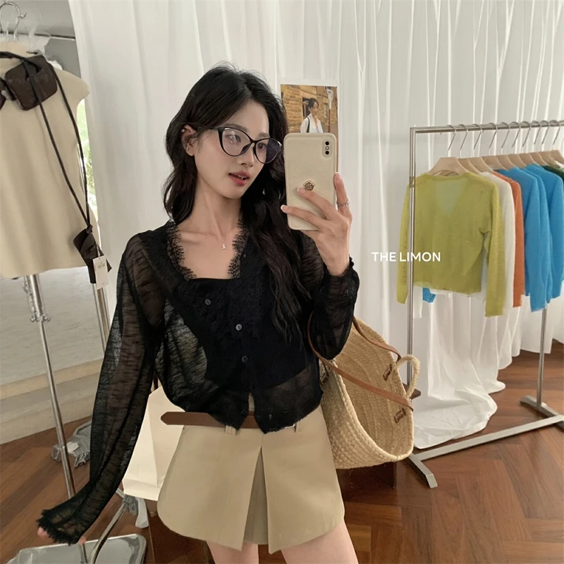 韩系黑色蕾丝拼接花边防晒空调衫女夏季v领宽松薄款长袖针织开衫