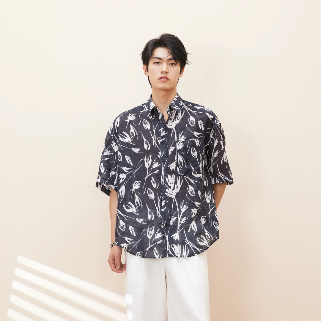 HERBEL/黑白2025夏季潮流印花衬衫新款时尚夏季男士碎花速干衬衫