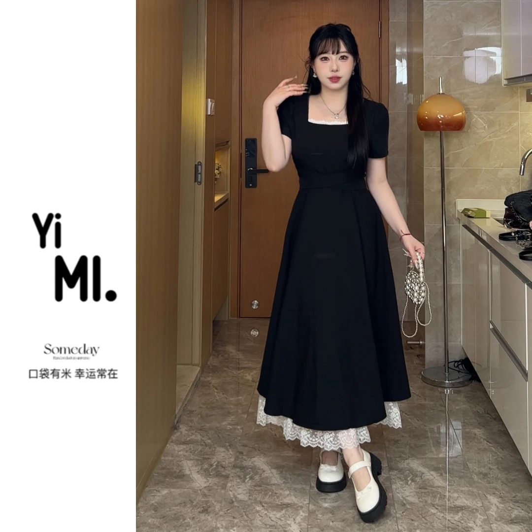 亿米-现货(氧气夏日)法式赫本风蕾丝拼接撞色短袖气质显瘦小黑裙