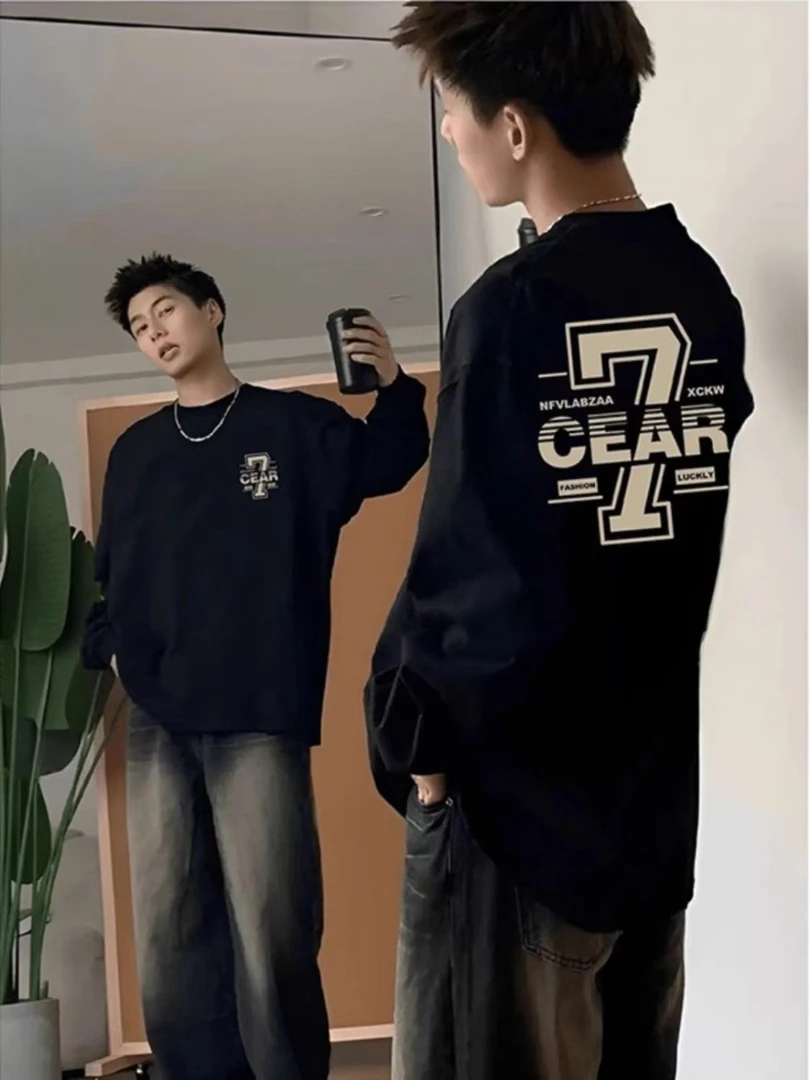 重磅纯棉长袖男美式圆领潮牌痞帅炸街打底衫秋内搭宽松潮流时尚