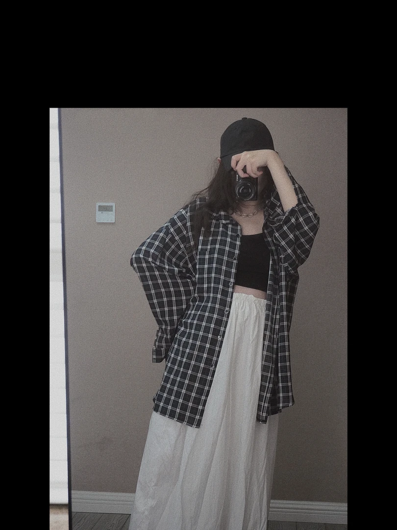 桑蚕丝双绉格子男友风衬衫（前长75后长78胸围160）