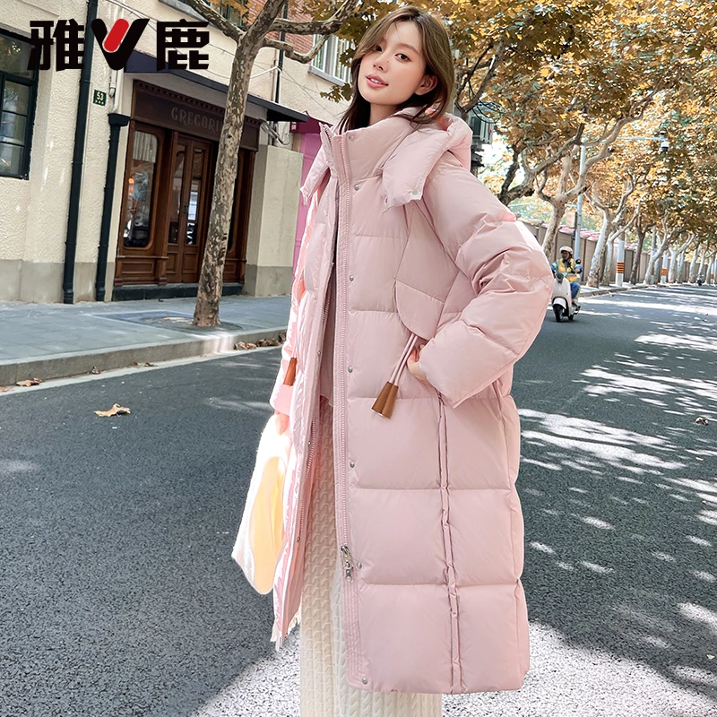 V/雅鹿2025年新款泡芙羽绒服女中长款时尚加厚连帽保暖显瘦外套