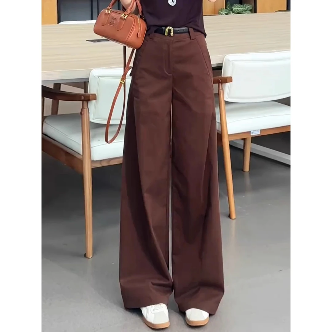 拉夏贝尔高级感直筒休闲裤女2025早秋新款高腰显瘦垂感百搭阔腿裤