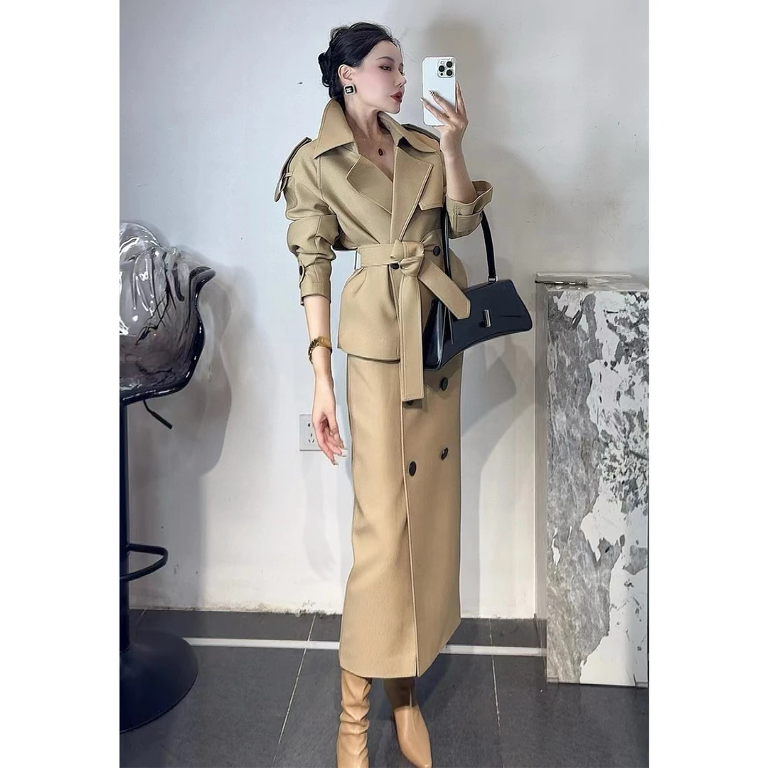 2025秋冬英伦时尚短款风衣外套配半身裙气质高级感套装洋气两件套