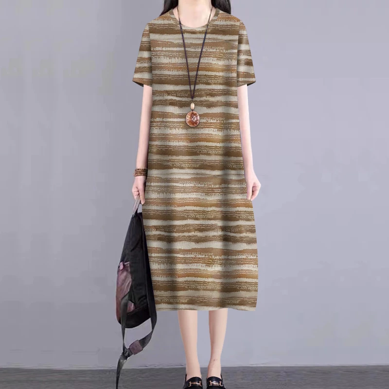好品捡漏~中长裙夏季短袖条纹裙子中长款宽松遮肚显瘦休闲连衣裙