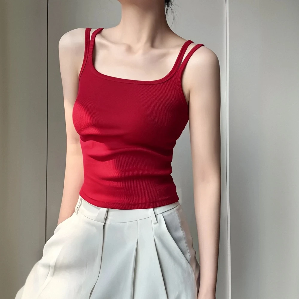 甜辣性感红色吊带背心女带胸垫紧身短款遮副乳无袖打底上衣可外穿