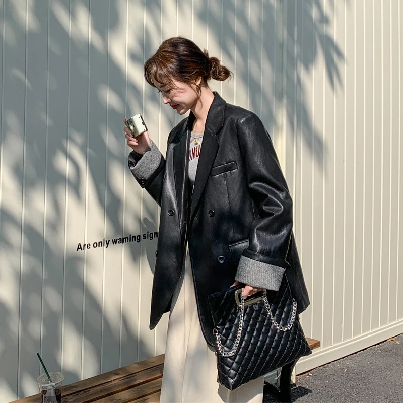 皮衣西装外套女2025春秋新款复古炸街高级感韩剧女主穿搭黑色西服