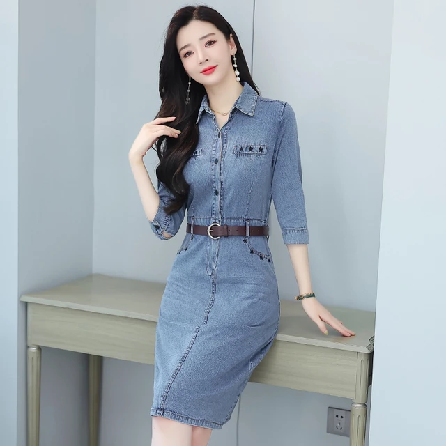 中袖牛仔连衣裙夏季新款薄款牛仔裙子中长款过膝修身显瘦长裙