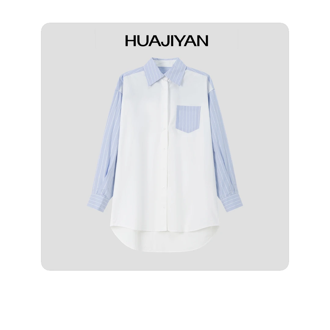 HUAJIYAN 【晴空衬衣】蓝白条纹拼接大衬衫