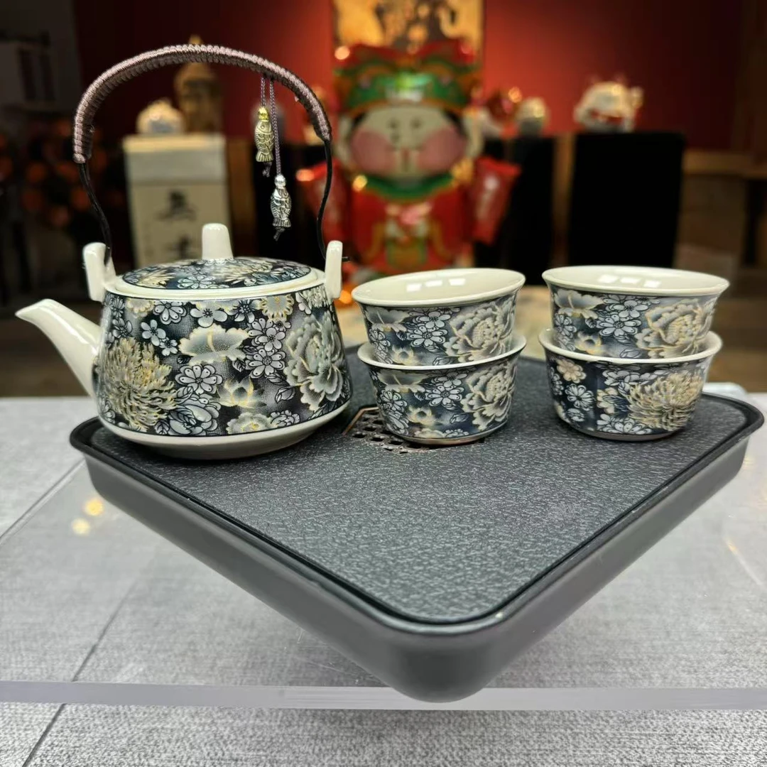 黑金万花提梁壶四杯+茶盘@444