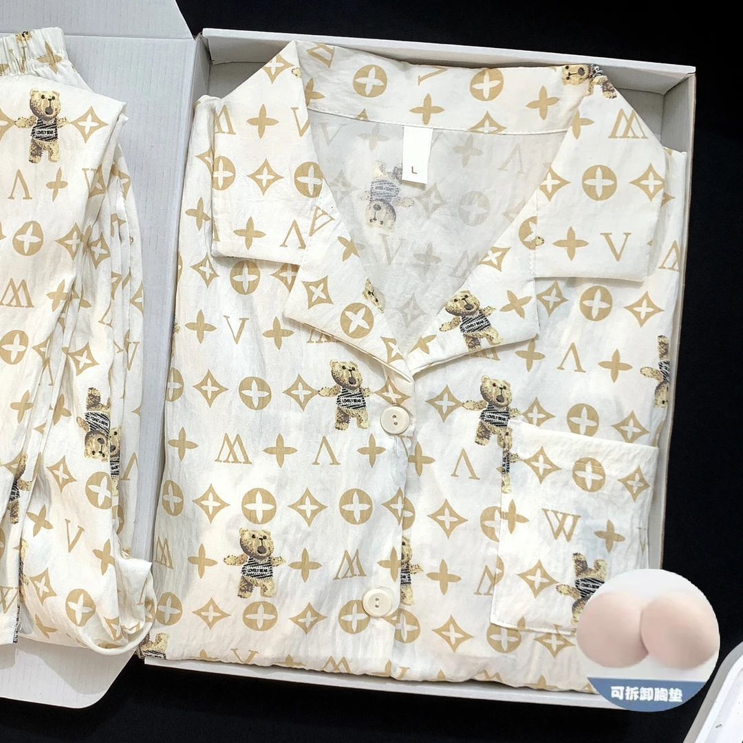 带胸垫卡通波点小熊印花长袖长裤套装女春秋薄款休闲家居服睡衣女