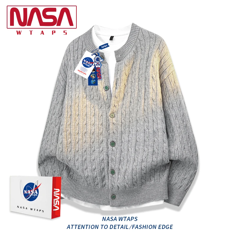 NASA WTAPS美式复古圆领开衫毛衣男秋冬新款学院风情侣针织外套