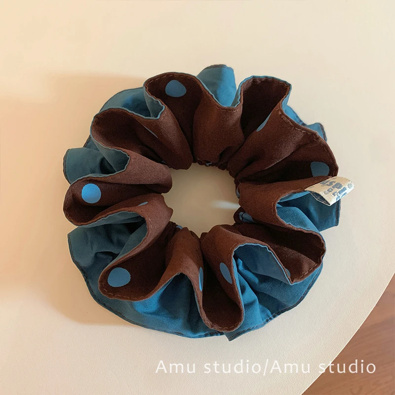 咖啡色简约波点双面双层布艺大肠发圈女韩系气质扎头发丸子头发绳
