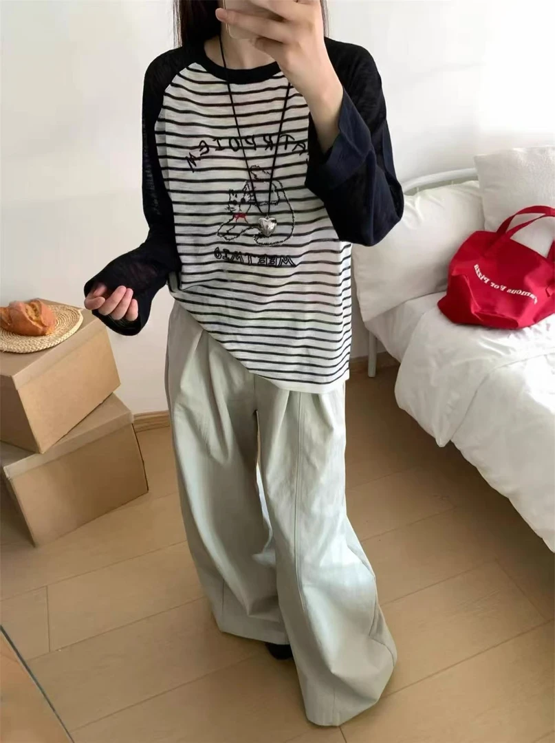 WYFS条纹插肩袖小猫图案防晒长袖