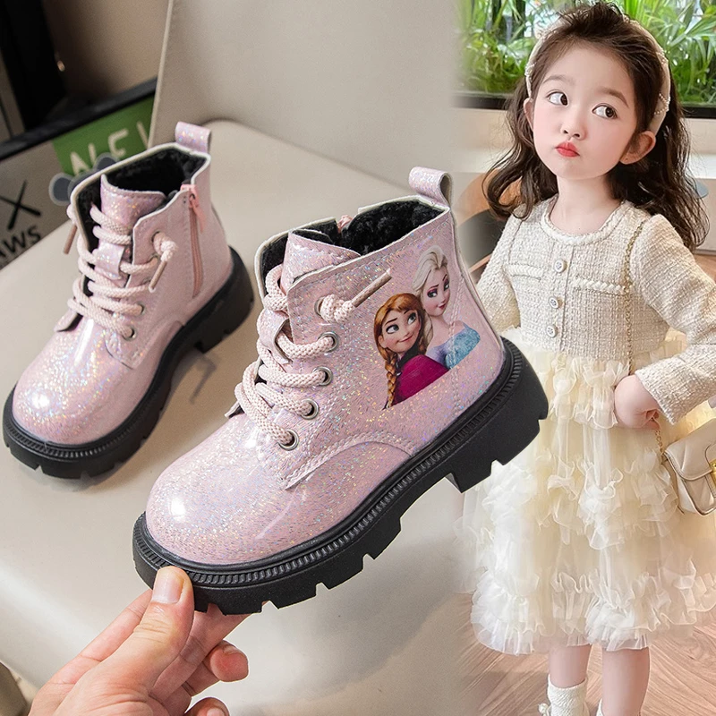 女童秋冬加绒马丁新款2025爱莎公主靴子儿童皮靴宝宝短靴防滑软底