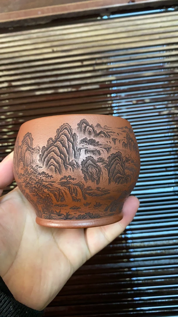 宜兴精品千里江山水缸杯泥料家藏龙血砂秒干容量240c品茗杯紫砂杯