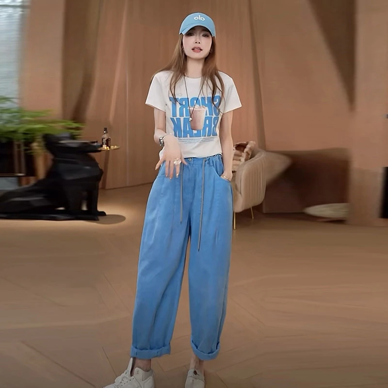 夏季新款洋气衣服女美式字母印花短袖T恤高腰显瘦牛仔裤两件套潮