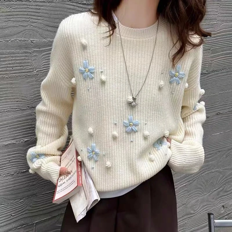 热爱生活～100纯羊毛《衣长57胸围55》小花刺绣手工球设计款