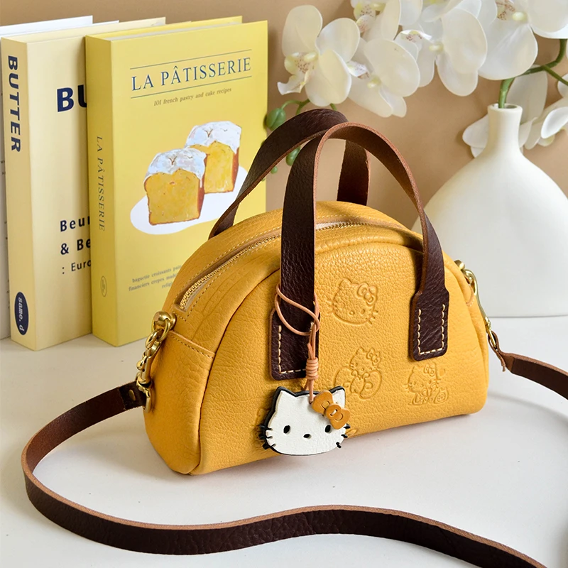 黄色小波士顿半圆包单肩斜挎包治愈系保龄球包手提波士顿包包女