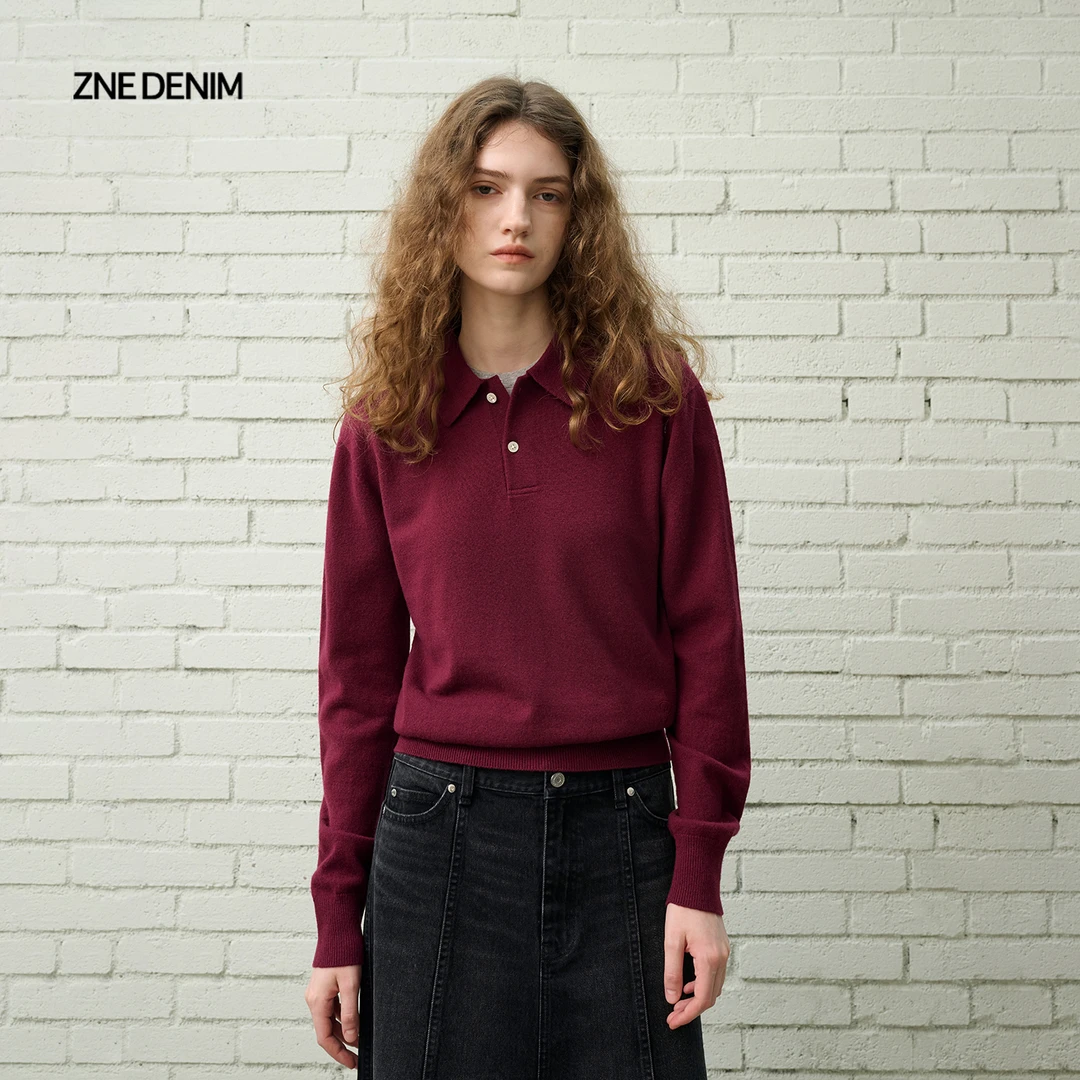ZNE沉淀自洽半开襟翻领针织绵羊毛毛衣MTZ027