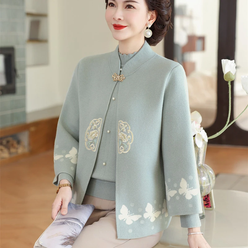 妈妈装秋冬新款国风套装针织毛衣外套新中式中老年女装两件套上衣
