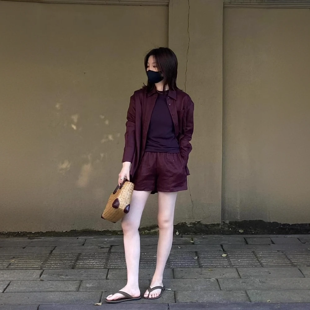 老钱风亚麻衬衫套装女夏2025五一出游出片穿搭防晒衬衣短裤两件套