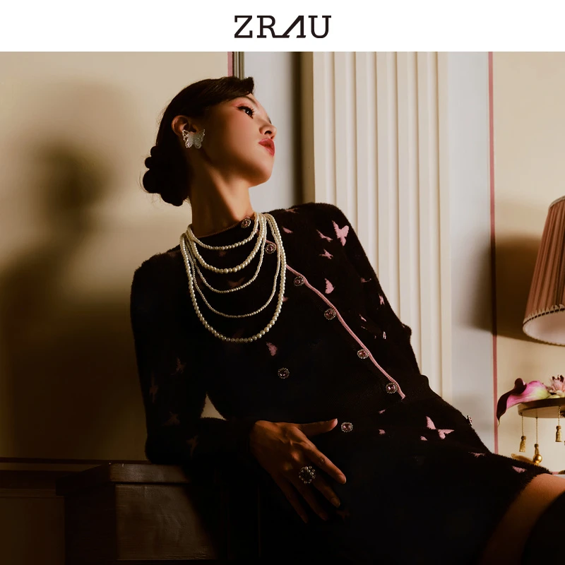 【达人专属】ZRAU秋冬舒适百搭少女感蝴蝶印花开衫91050841709