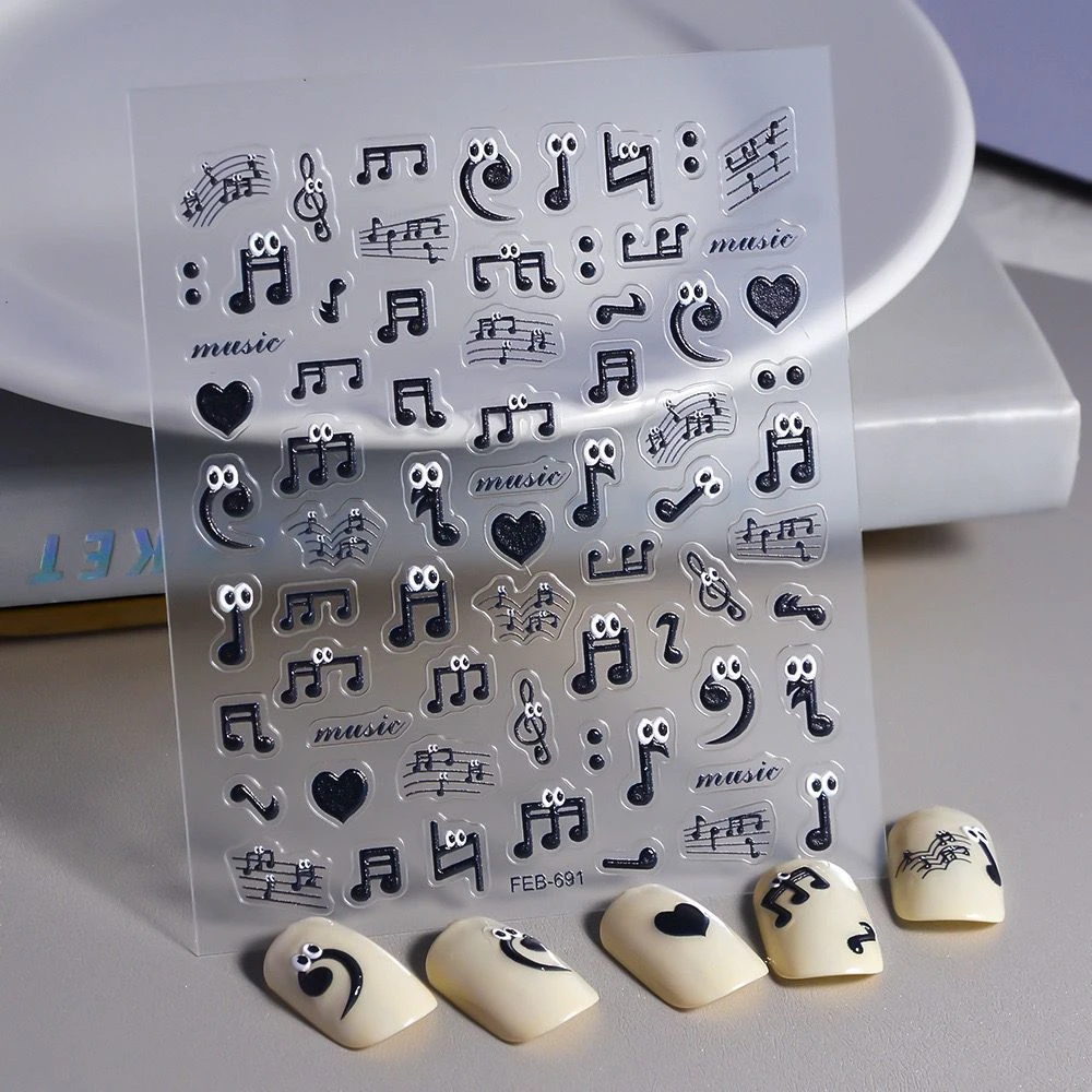 搞怪涂鸦音符黑色浮雕美甲贴纸时尚个性大眼珠防水指甲手机平板贴