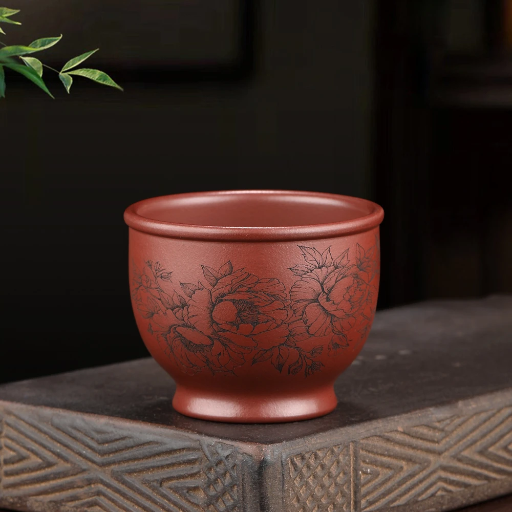 原矿紫砂主人杯 龙血砂 精雕细刻  牡丹花