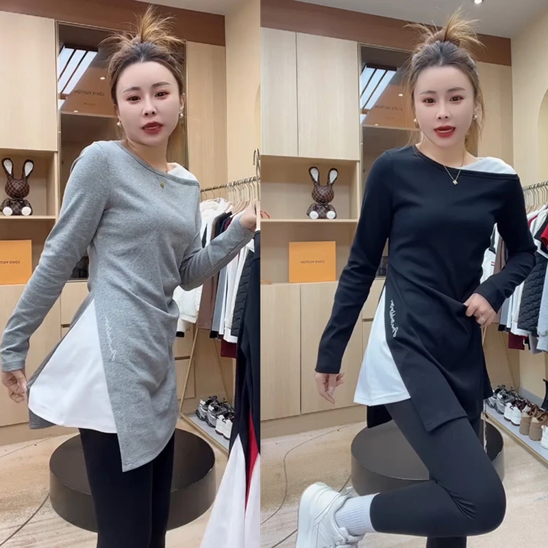 欧洲站时尚减龄修身显瘦纯色中长款拼接上衣气质休闲圆领百搭T恤