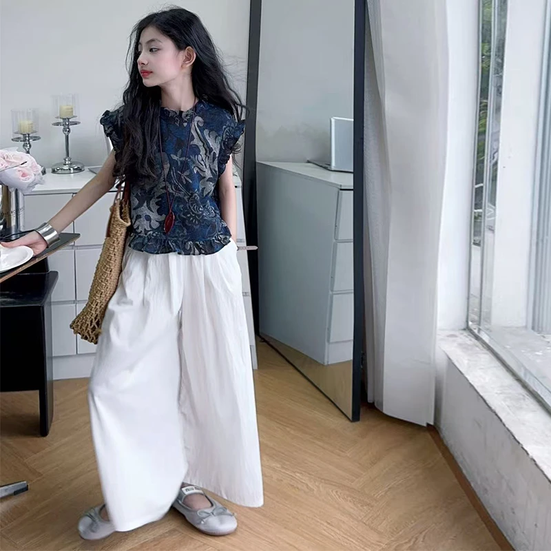 女童套装夏装2025新款女大童夏季时尚复古印花无袖阔腿裤两件套潮