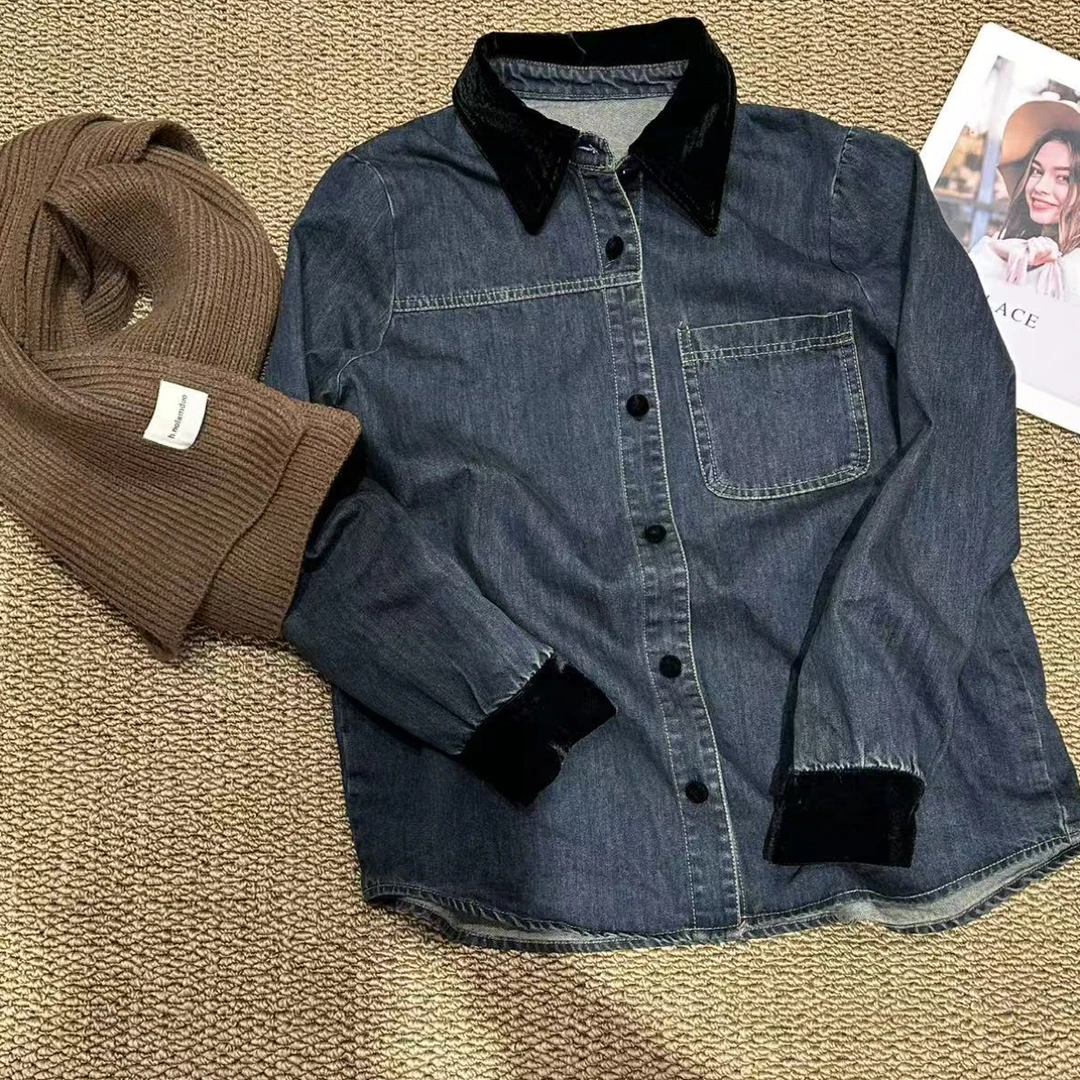 【慕.我们的店】丝绒拼接复古韩系牛仔衬衫