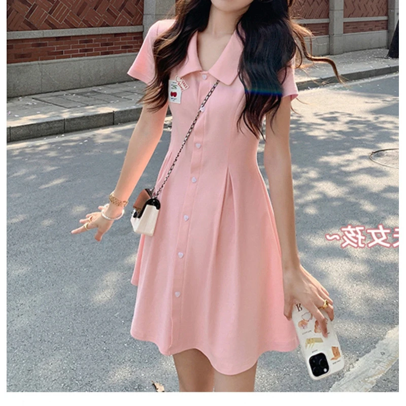 夏季学院风纯欲辣妹少女感领收腰甜美显瘦字连衣裙女短裙