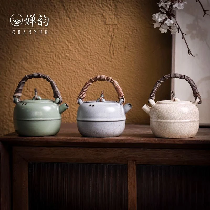 梵山堂200ml山楂红苏打釉腰线陶瓷大号复古苹果壶藤编提梁壶茶具