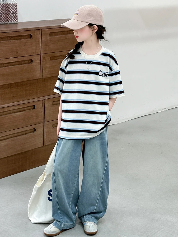 女童短袖套装夏季2025新款洋气女大童夏装休闲T恤儿童夏天阔腿裤