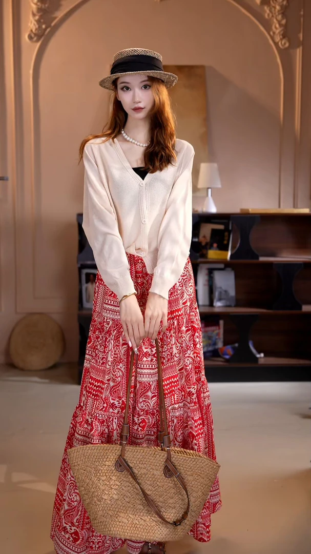 碎花A型A字裙 气质长袖显瘦复古优雅轻奢收腰百搭