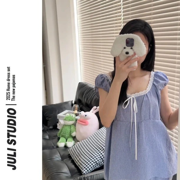 JULI<柏林格调> 韩国买手小众设计格子圆领花边睡衣家居服套装