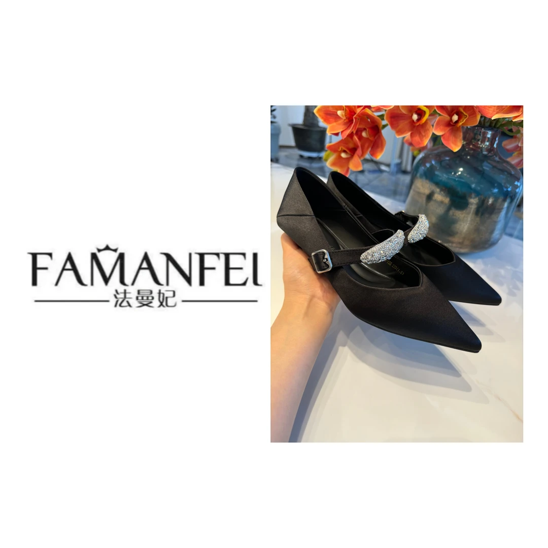 新款法式百搭方头水晶单鞋女矮跟