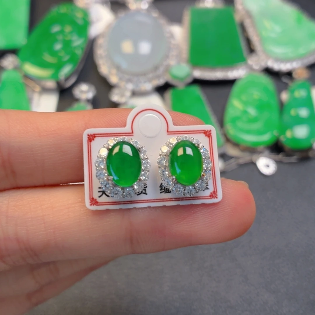 翡翠银S925镶嵌颈饰耳钉
