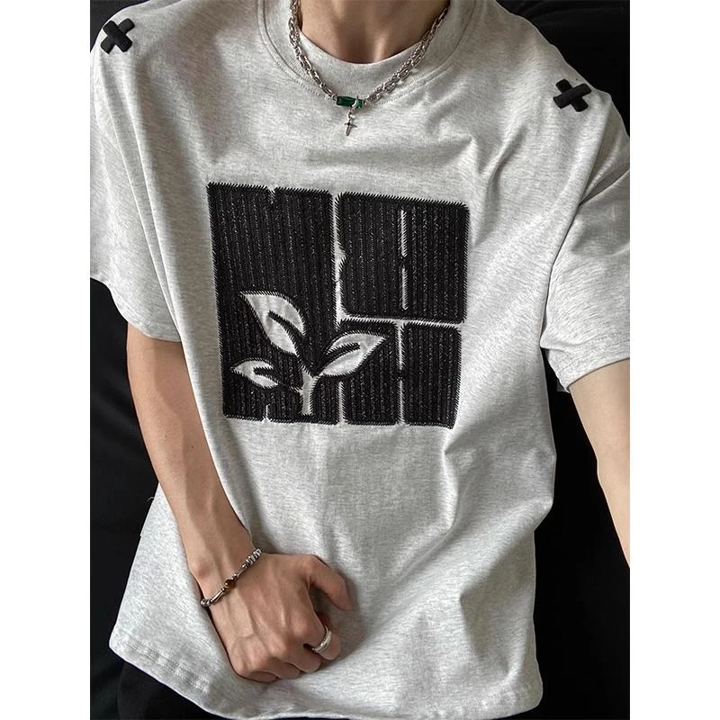 万针刺绣重磅T恤男夏季小领口正肩穿搭短袖内搭打底情侣半袖