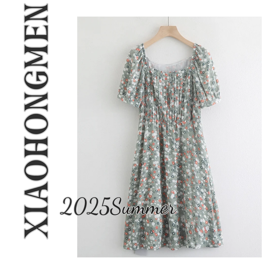 A260  2025夏季韩版甜美减龄高腰松紧腰小碎花连衣裙