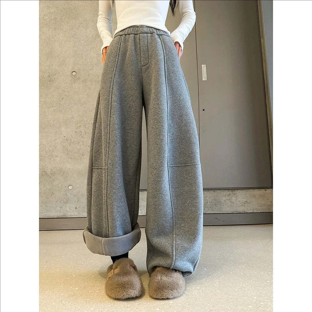 动感少女加绒加厚美式复古休闲运动裤女冬季宽松设计感高腰阔腿裤