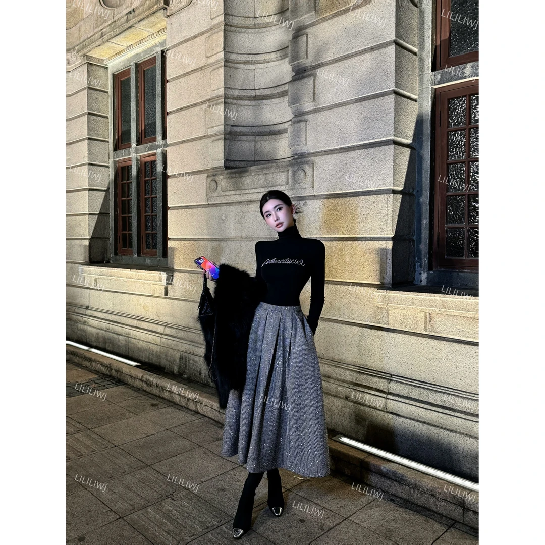 LI婉君【电影女主】法式高级感亮片时尚中长款半身裙LWJ24D4Q2590