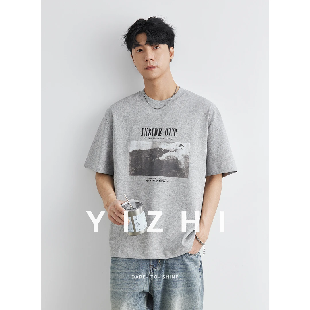 亦止男装设计感复古印花短袖T恤男夏季2025新款重磅宽松半袖上衣