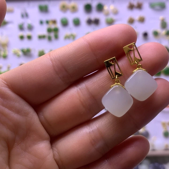 和田玉银S925镶嵌耳饰