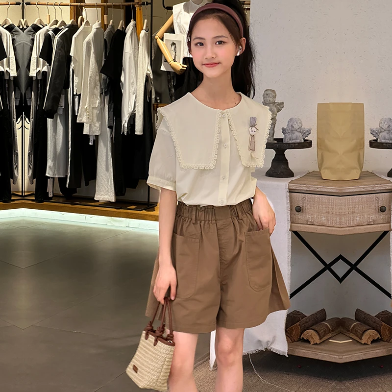 女童夏款套装2025新款中大童女孩时髦洋气大翻领短袖短裤两件套潮