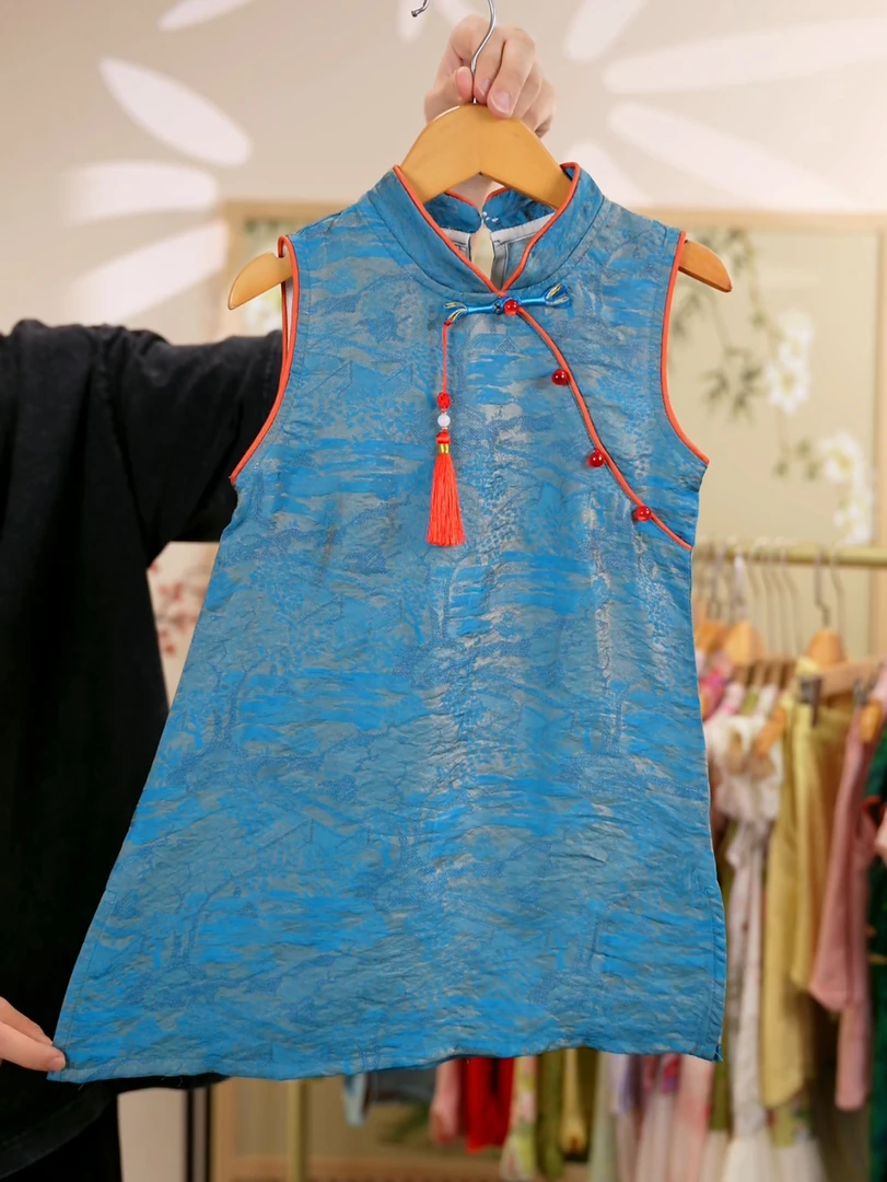 （浮光锦 蓝色）夏季薄款女童连衣裙儿童新中式裙子显白旗袍背心裙