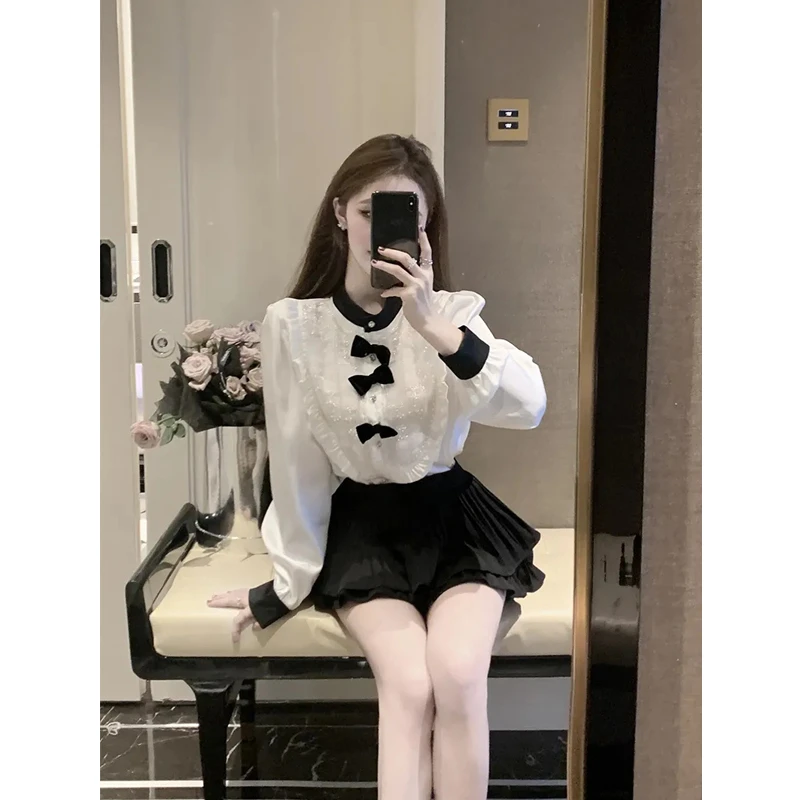 纯欲风套装女白色蝴蝶结设计感新中式衬衫女黑色百褶半身裙两件套