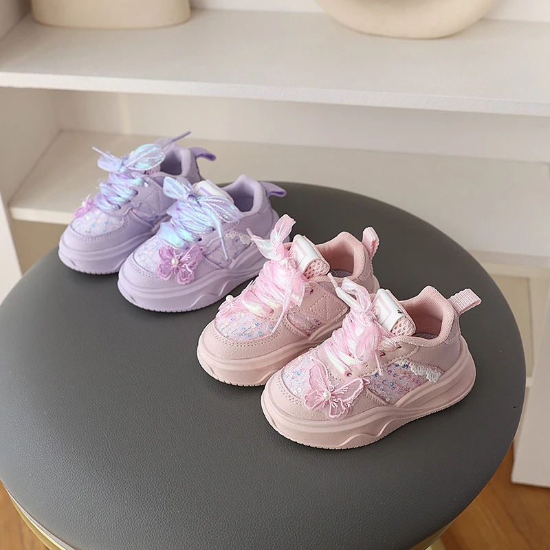 女童鞋子春款2025新款洋气老爹鞋儿童网面运动鞋蝴蝶结水钻跑步鞋