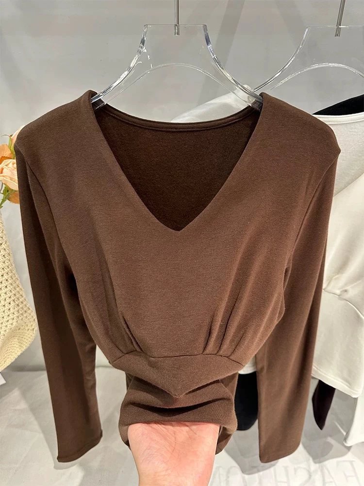 （收）秋冬新款大码587-2高级设计感v领百搭洋气时尚长袖T恤